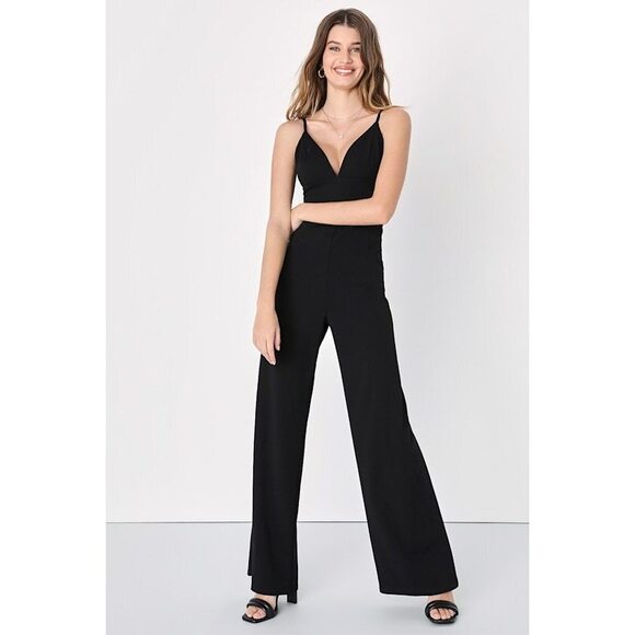 Lulus Pants - Lulus Sensational Favorite Black V-neck Sleeveless Wide-leg Jumpsuit - Size S